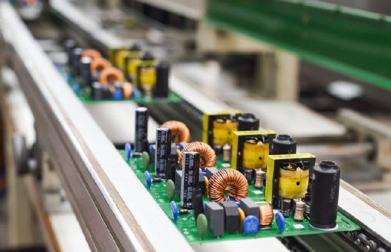 Assembled circuit boards on the production line
